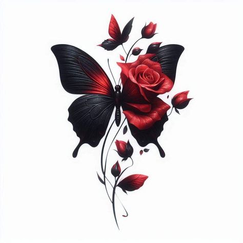 Butterfly Tattoo With Roses, Red Cover Up Tattoo, Red And Black Flower Tattoo, Black And Red Tattoos For Women, Big Tattoo Cover Up Ideas, Red And Black Butterfly Tattoo, Black And Red Rose Tattoo, Rose Hip Tattoo, Tattoo With Roses