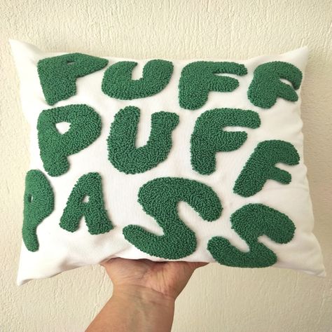 Handmade Punch Needle Pillowcase  | Decorative Cushion Cover | Linen Pillow Cover | Modern Throw Pillow | Tufted Home Decor | Cushion Pillowcase Gift for Home | Decorative  Sofa Pillow Puff Puff Pass Green Tufted You can decorative a fun in your dining rooms, kitchens, living room, office ... Perfect to send to your friends as a gift. Your friends and will love the pillows! 100% handmade with love They can be hand washed or washed in the washing machine (30 degre for a gentler cycle) If you have any questions about this product, I will be more than happy to help you. You can message me anytime. Thank you for visiting my shop  Don't forget to check other produts: https://www.etsy.com/your/shops/HANAbyNursell Puff Puff Pass Pillow, Trendy Pillows For Bedroom, Decorative Pillows Aesthetic, Funny Bedroom Decor, Quirky Bedroom Decor, Throw Pillows Bedroom Aesthetic, Tuft Pillow, Dope Room Decor, Fun Bedroom Ideas