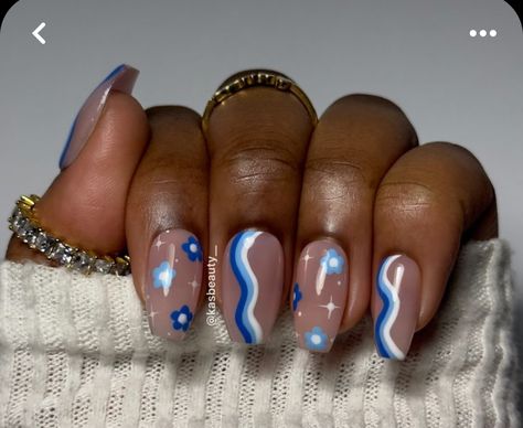 Blue White Gel Nails, Blue Mamma Mia Nails, Beach And 4th Of July Nails, Nail Designs Gel Summer, Pastel Fourth Of July Nails, Abba Inspired Nails, Simple Fun Nail Art, Mamma Mia Nails Acrylic, Builder Nail Designs