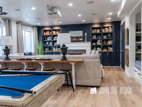 Cozy Basement With Pool Table, Navy Blue Built Ins, Family Room With Pool Table, Navy Blue Basement, Basement Pool Table Room, Blue Built Ins, Basement Pool Table, Diy Home Improvement Ideas, Teen Lounge Rooms