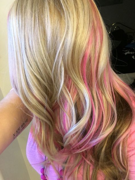 Pink And Blonde Hair, Underlights Hair, Pink Streaks, Hair Done, Pink Highlights, Blonde Hair, Highlights, Hair Color, Blonde