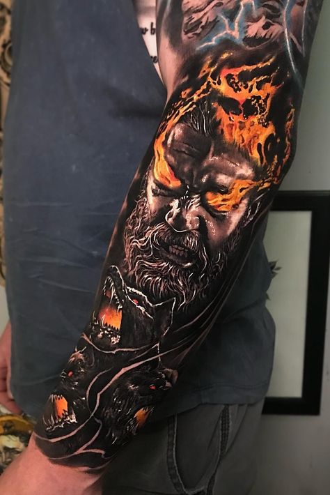 Angel And Demons Tattoo, Hades Forearm Tattoo, Hades Tattoo Mythology, Zues Vs Hades Tattoo, Zues Tattoo With Lightning, Hades Sleeve Tattoo, Hades Tattoos, Hades Chest Tattoo, Hades Tattoo Design