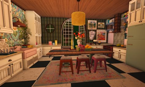 Bloxburg Decals Codes Colorful, Retro Bloxburg House Layout, Retro House Bloxburg, 60s Bloxburg House, Bloxburg Colorful House, 2000s Bloxburg House, Bloxburg 70s House, Hippie Bloxburg House, Bloxburg Vintage Kitchen