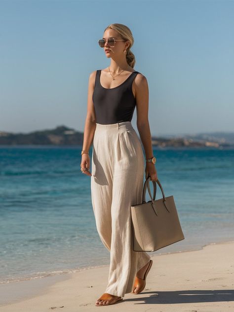 15 Sizzling Beach Outfit Ideas to Make Waves This Summer 9 Professional Beach Outfits, Beach Mom Outfit Style, Boho Coastal Outfit, Rosemary Beach Outfits, Beach Cold Weather Outfit, Hot Vacation Outfits, Beach Linen Outfit, Goa Outfits Women, Classy Beach Outfit