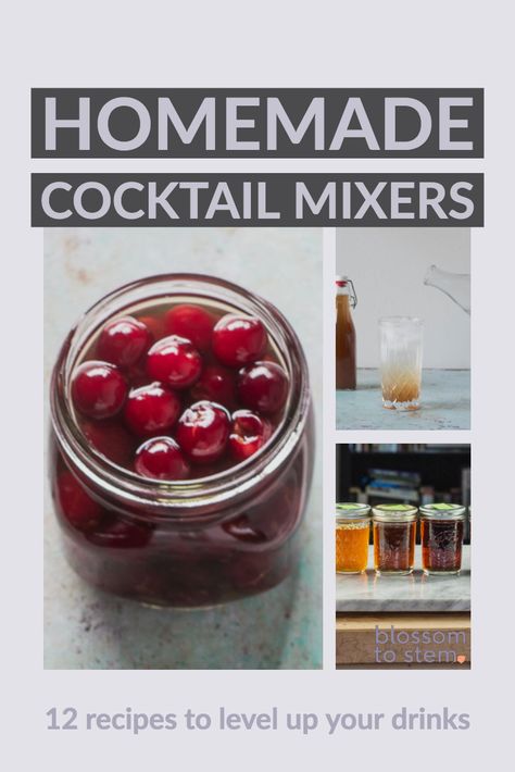 Homemade Cocktail Mixers. 12 recipes for cocktail mixers from simple syrup, to ginger ale, to tonic, to brandied cherries. Homemade Sour Mix, Alcohol Mixers, Homemade Ginger Ale, Unique Cocktail Recipes, Tonic Syrup, Homemade Alcohol, Make Simple Syrup, Homemade Syrup, Homemade Cocktails