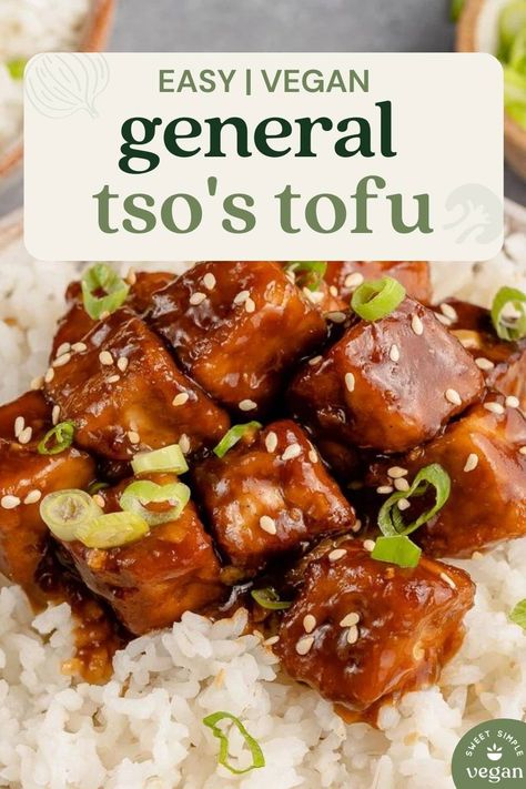 A vegan version of General Tso's Chicken, one of the most famous American Chinese takeout dishes we know. It's made with crispy tofu, a homemade sauce, and packs big and bold flavor. #generaltso #generaltsotofu #vegangeneraltso #sweetsimplevegan #veganentree #americanchinese #chineseamerican #vegan #tofuandrice Wfpb Dinner, Diy Dumplings, Tofu Meals, Chinese Tofu, General Tso Tofu, Recipes Tofu, Tofu Recipes Healthy, General Tso's Chicken, Vegan Chinese