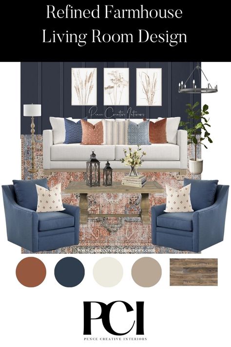 White Couch Blue Chairs Living Room, Blue Tan Living Room Decor, Modern Farmhouse Blue Living Room, Tan Gray And Blue Living Room, Farmhouse Living Room Blue Accent, Farmhouse Living Room With Blue Accents, Dusty Blue Home Decor, Greige And Blue Living Room, Navy Farmhouse Living Room