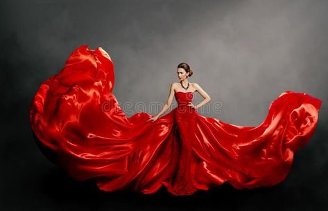 Woman Red Dress, Fashion Model in Long Silk Gown Waving Cloth on Wind, Flying Fabric royalty free stock image Long Silk Gown, Woman Red Dress, Red Dress Fashion, Ballet Poses, Red Dress Women, Dress Woman, Red Dress Style, Silk Gown, Maxi Dress Evening