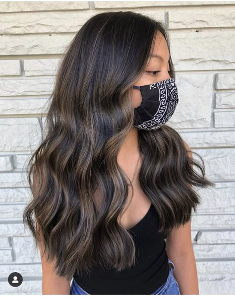 Dark Hair Ideas With Money Piece, Balayage And Babylights On Dark Hair, Black Hair With Full Highlights, Hot Chocolate Highlights, Low Light On Black Hair, All Over Balayage, Dark Brown Hair With Lowlights Straight, Brunette Balayage Hair On Black Hair, Balayage Hair Dark Brown Straight