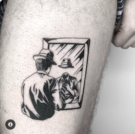 Man In Mirror Tattoo, Mens Abstract Tattoo, Blackwork Tattoo Stencil, Cool Tattoos Ideas For Men, Small Blackwork Tattoo, Surreal Tattoo Ideas, Surrealism Tattoo Design, Banksy Tattoo, Reflection Tattoo