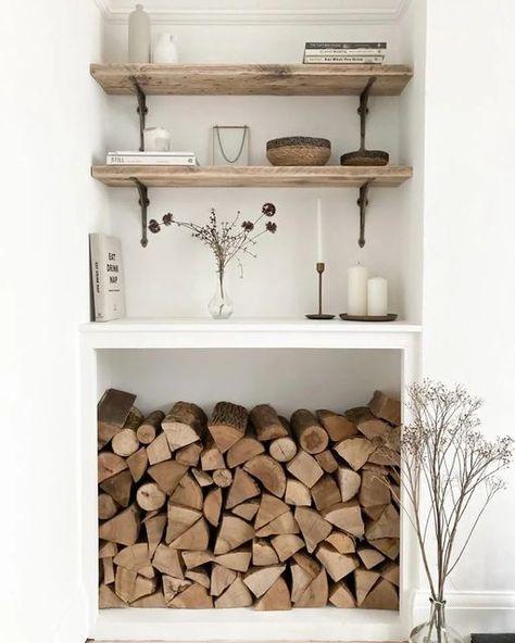 Chesters Bespoke Interiors on Instagram: "New rustic wood shelving and open log store! By repurposing the existing built in cupboard, I created a lovely log store fit for the cold season! Why hide your logs away when you can display them and make a feature! I also replaced the existing alcove shelving with these reclaimed Scaffold shelves and added antique brass brackets for some extra decoration! #logstore #rusticshelves #alcoveshelving #reclaimedwood #livingroom #livingroomdecor #bristolcar Shelves Around Fireplace, U Couch, Rustic Wood Shelving, Alcove Ideas Living Room, Firewood Storage Indoor, Freestanding Closet, Alcove Shelves, Alcove Cupboards, Alcove Shelving