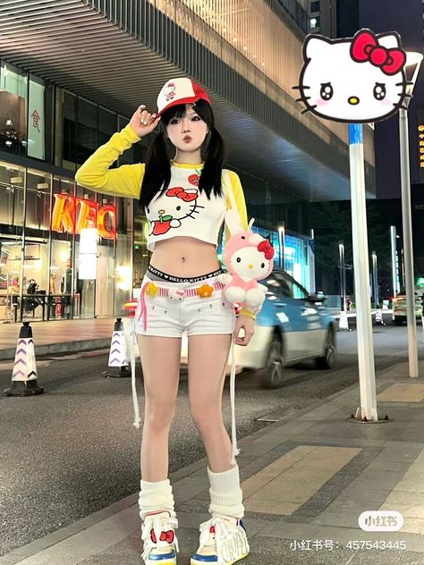 #hello kitty outfit #hello kitty dress tshirt Hello Kitty Fashion Aesthetic, Hello Kitty Girl Outfit, Hello Kitty Style, Hello Kitty Inspired Outfits, Hello Kitty Outfit Ideas, Sanrio Outfits, Hello Kitty Clothes, Cat Dresses, Sanrio Characters