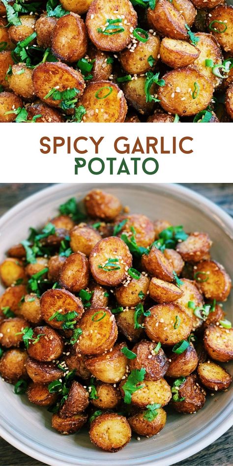 Crispy Spicy Potatoes, Spicy Garlic Potatoes, Asian Inspired Potatoes, Asian Potato Recipes, Asian Potatoes, Garlic Potatoes Recipe, Spicy Potatoes, Tiffy Cooks, Recipe For Two