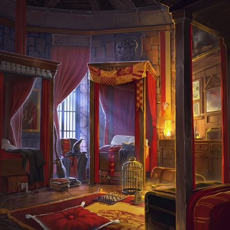 Gryffindor Fanart, Gryffindor Inspired Room, Gryffindor Bedroom, Gryffindor Bedroom Aesthetic, Harry Potter Bedroom Ideas Gryffindor, Gryffindor Common Room Bedroom, Gryffindor Dorm Room, Gryffindor Dormitory Aesthetic, Griffindor Room Bedrooms