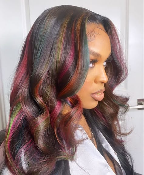 Fall Hair With Purple, Colorful Highlights In Black Hair, Colorful Highlights, Wig Installs, Colored Weave, Birthday Hairstyles, 13x4 Lace Front Wig, Hair Streaks, Pretty Hair Color