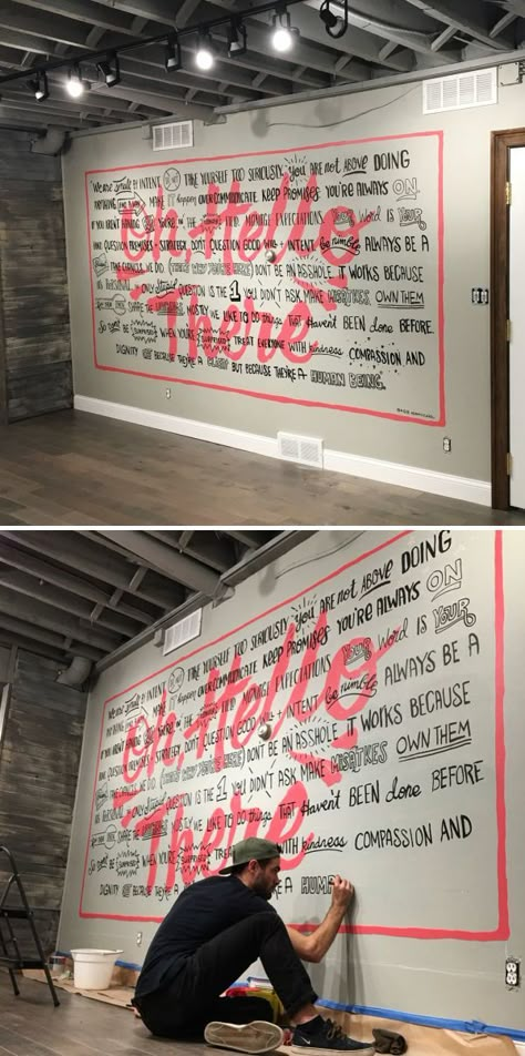 Oh, Hello There by Adam Vicarel at Hello LLC Murals With Words, Word Mural, Indoor Mural, Vertical Text, Writing On The Wall, Mural Inspiration, Mural Paintings, Text Wall, Wall Writing