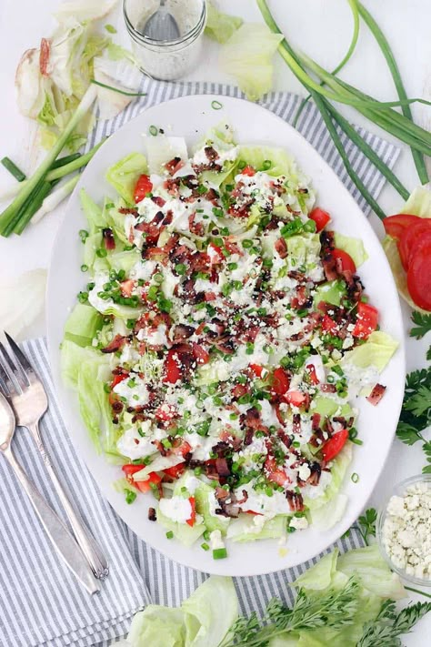 Deconstructed Wedge Salad with Homemade Blue Cheese Dressing Wedge Salad Recipe, Iceberg Lettuce Salad, Homemade Blue Cheese Dressing, Wedge Salad Recipes, Homemade Blue Cheese, Blue Cheese Salad, Chopped Salad Recipes, Wedge Salad, Blue Cheese Dressing