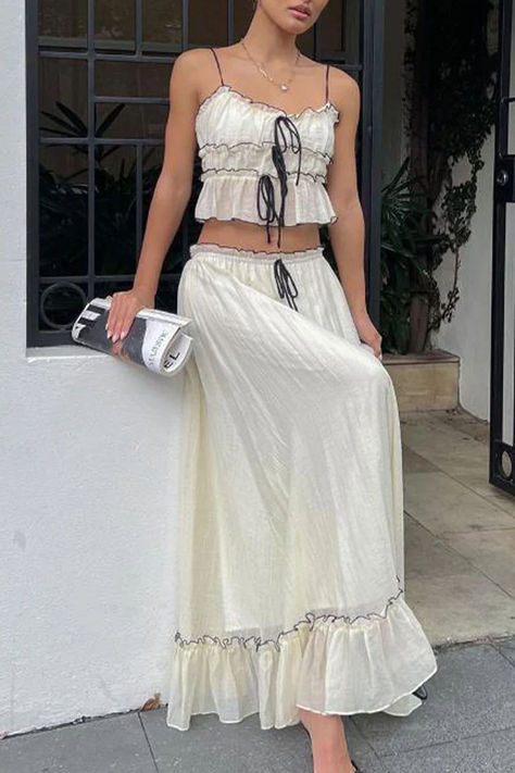 Sweet Elegant Solid Fold With Bow U Neck Sleeveless Two Pieces Sling Bow, Fairy Skirt, Sweet Top, Sleeveless Suit, Women's Wear, U Neck, Skirt Suit, Two Piece Outfit, Skirt Length