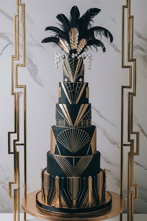 Twenties Treasure: Elegant Art Deco Birthday Cake Design Art Deco Cakes, Art Deco Cake Birthday, 1920s Cake, Great Gatsby Cake, Gatsby Cake, Art Deco Birthday, Birthday Cake Aesthetic, Art Deco Wedding Cake, Deco Cake