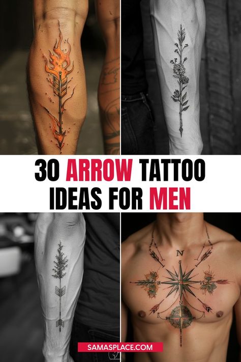 Arrow tattoo ideas for men featuring symbolic designs for direction and resilience. Indian Arrow Tattoo Men, Arrow On Fire Tattoo, Viking Arrow Tattoo Men, Arrow Compass Tattoo Men, Men Arrow Tattoo, Flaming Arrow Tattoo, Archery Tattoo Mens, Men Quad Tattoo, 3x3 Tattoos Ideas Men