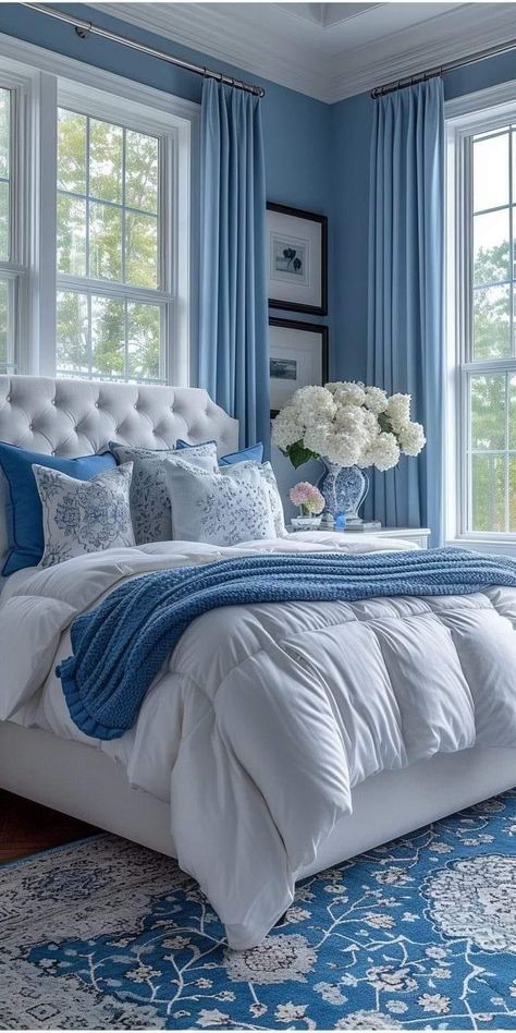 Light Blue Bedroom, Blue Bedroom Decor, Bedroom Walls, Blue Rooms, Room Makeover Bedroom, Master Bedrooms Decor, Blue Bedroom, White Bedding, Blue Walls