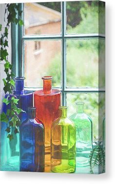 Colored Bottles Decor, Rainbow Glassware, Witchy Apothecary, Citrus Kitchen, Colored Bottles, Colored Glass Bottles, Blenko Glass, Antique Light Fixtures, Camera Art