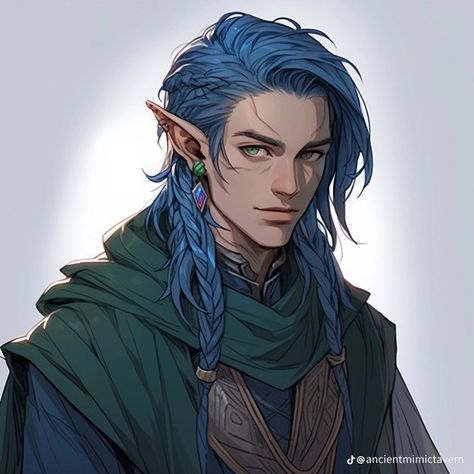 Eladrin Male, Half Elf Bard Male Character Design, Blue Elf, Dnd Elf Male, Half Elf Rogue, Elf Ranger Male, Elf Blue Hair, Male Wood Elf Druid, Wood Elf Male