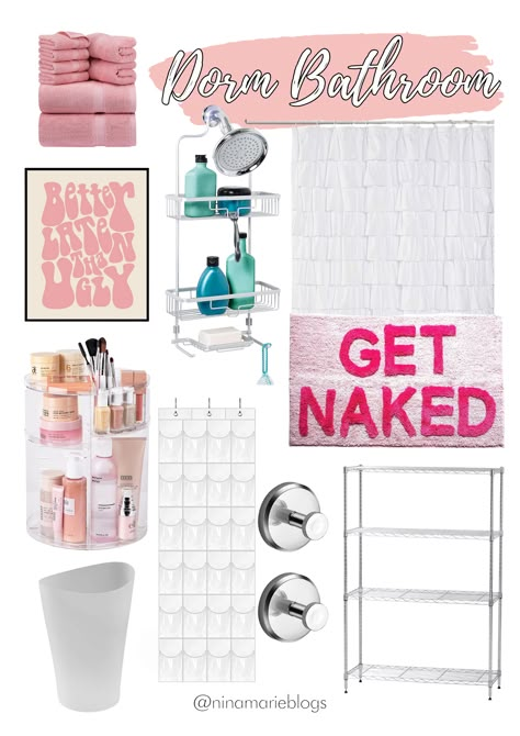 Pink Dorm Bathroom Ideas, Pink And White Dorm Room Decor, Pink College Apartment Bedroom, Bathroom College Apartment, Pink White Bathroom, Room Inspiration Bathroom, Bathroom Ideas College, Dorm Room Bathroom Ideas Decor, College Dorm Bathroom Ideas Decor