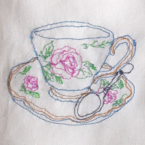 embroidered rose teacup Tea Pot Embroidery, Embroidery Tea Cup, Teacup Embroidery, Tea Cup Embroidery, Teacup Illustration, Tea Embroidery, Fabric Manipulations, Food Utensils, Mood Bored