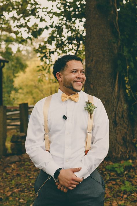 groom in suspenders and bow tie Groom In Suspenders, Gold Suspenders, Groom Suspenders, Suspenders And Bow Tie, Yellow Wedding Theme, Wedding Theme Inspiration, Quinceanera Ideas, Bowtie And Suspenders, Quince Ideas