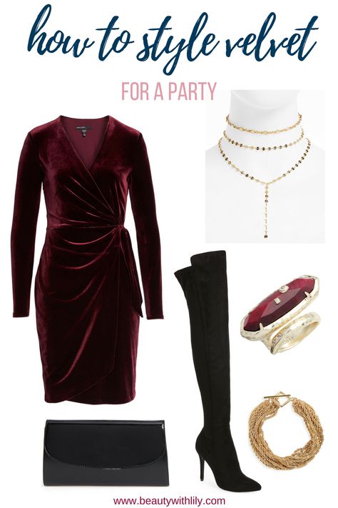 How To Style | Velvet Clothing - Beauty With Lily Velvet Dress Outfit Winter, Velvet Dress With Boots, Velvet Dresses Outfit, Velvet Clothing, Womens Business Attire, Work Dresses Outfits, Spring Outfits Dresses, 2016 Fall, Velvet Cocktail Dress