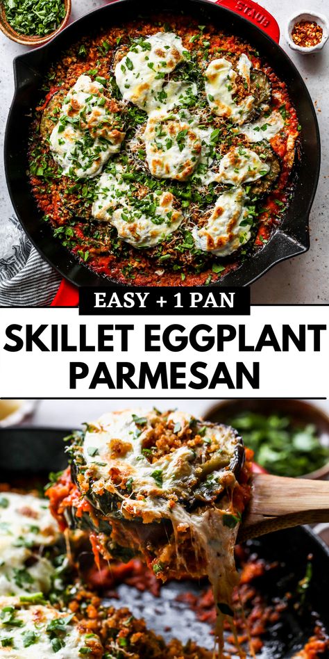 Skillet Eggplant Parmesan comes together in 1 pan for an easy, updated take on the classic Italian dish. Featuring pan-seared eggplant, melty mozzarella, and a crispy Panko topping, this eggplant Parmesan recipe will become a family favorite. Skillet Eggplant, Eggplant Parmesan Easy, Dishing Out Health, Eggplant Parmesan Recipe, Eggplant Recipes Easy, Eggplant Recipes Parmesan, Eggplant Zucchini, Egg Plant, Eggplant Dishes