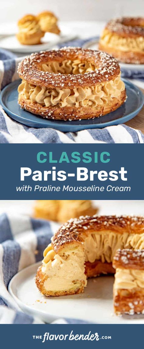 Paris-Brest is a showstopping, classic French dessert that brings together a creamy, nutty, rich praline mousseline cream and a light, crisp ring of choux pastry topped with sliced almonds (traditionally) or pearl sugar, to resemble a bicycle wheel. The recipe involves three components that can be made separately, and then assembled with relative ease. #TheFlavorBender #ChouxPastry #ParisBrest #FrenchPastries Paris Breast Recipe, Brest Cream, French Desserts Recipes, Choux Pastry Desserts, French Pastry Cream Recipe, French Pastry Recipes, Paris Breast, Classic French Recipes, France Dessert