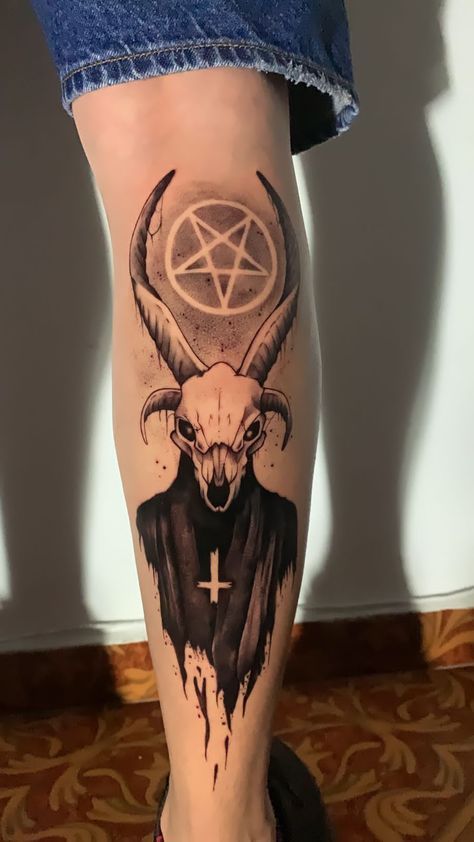 Satanic Goat Tattoo, Goth Leg Tattoo, Goth Back Tattoo, Demonic Tattoos, Satanic Tattoo Design, As Above So Below Tattoo, Black Magic Tattoo, Satanic Tattoo, Baphomet Tattoo