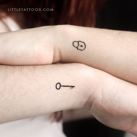 Set of three plus three matching key and lock temporary tattoos. For hundreds of years, locks and keys have been used as symbols of deep love. While this symbol was classically used between lovers, our matching key and lock temporary tattoo would also be a great design for best friends or siblings. When you choose this matching lock and key fake tattoo, you’ll be making a clear statement about your relationship by expressing that someone holds the key to your heart. No matter how far apart you and your partner are, you’ll be reminded of the depth of your love each time you see your half of this matching design. Our environmentally-friendly lock and key matching sticker tattoo depicts an old-fashioned lock and key in a minimalist design. Created with recyclable papers and black soy-based in Key And Lock, Sticker Tattoo, Locks And Keys, Matching Design, Tattoo Set, Fake Tattoos, Lock And Key, Deep Love, Tattoo You