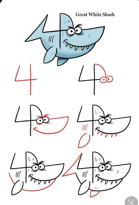 Trin For Trin Tegning, Sea Creatures Drawing, The Number 4, Number Drawing, Easy Drawing Tutorial, Easy To Draw, Drawing Tutorials For Kids, Easy Drawings For Kids, Drawing Faces