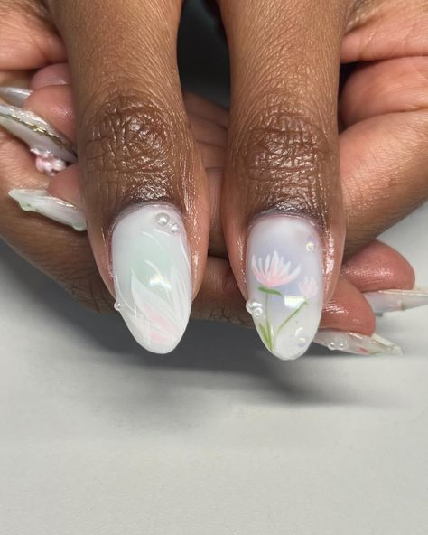 Lotus pond 🪷 ✧ : *✧ :* ✧ *✧: #gelnails #nailinspo #nailinspiration #nailart #naildesigns #nailartinspo #nailsoftheday #gelx #gelxnails #apresgelx #handpaintednails #lotusnails Lotus Nails Art, Lotus Nails Design, Water Lily Nails, Lotus Flower Nails, Lotus Nail Art, Lotus Nails, Nails Xoxo, Airy Fairy, Grad Nails