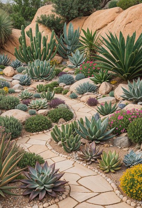 31 Gorgeous Rock Garden Ideas For Your Outdoor Oasis Rustic Rock Garden Ideas, Rock Art Landscaping, Cactus Garden Outdoor Landscape Design, Cactus Container Garden Ideas, Rock Garden Succulents Landscape Design, Xeroscaping Backyard Ideas, Catus Landscaping Garden, Backyard Desert Landscape Ideas, Tropical Rock Garden