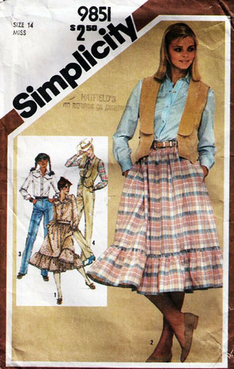 Vtg 1980 Misses' Western Style SKIRT, PANTS, SHIRT & VEST Pattern 9851-s Sz 14 Haunted House Outfit, Footloose Costumes, Cowboy Fits, Denim Cowboy Boots, 80s Magazine, Vintage Wild West, Conservative Style, Shoes Neutral, Western Workwear