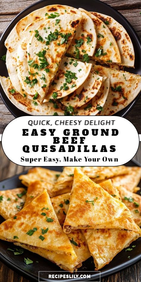 I love making these Easy Ground Beef Quesadillas when I'm short on time but craving something delicious! They're packed with cheesy goodness and can be customized with your favorite toppings. Perfect for a quick meal or snack! Aldi Ground Beef Recipes, Ground Beef Dinners For Two, Easy Dinner Recipes With Ground Beef Picky Eaters, Ground Beef Quick Recipes, Quasadias Easy Recipes Beef, Low Calorie Ground Beef Recipes Healthy, Ground Beef Snacks, Quisidillaa Recipe, Toddler Ground Beef Recipes