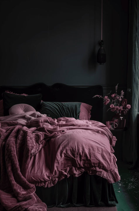 Pink, gray, and black color palette for a moody vibe #homedecor Dark Bedroom Ideas Cozy, Bedroom Ideas Cozy Romantic, Girly Interior Design, Cozy Romantic Bedroom, Girly Interior, Dark Feminine Bedroom, Dark Bedroom Ideas, Dark Romantic Bedroom, Dreamy Interior