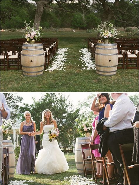 chic rustic outdoor wedding ceremony ideas with wine barrel decorations Vintage Reception, Rustic Outdoor Wedding, Wine Barrels, Family Poses, Wedding Ceremony Ideas, Rustic Country Wedding, Rustic Outdoor, Outdoor Wedding Ceremony, Wine Barrel