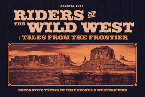 Introducing Riders of the Wild West a decorative font that captures the rugged spirit and untamed allure of the Wild West. With its bold and clean letterforms, ‘Riders of the Wild West’ transports you to a time when cowboys roamed the open plains, and dusty saloons echoed with the clinking of spurs. This font evokes […] The post Riders of the Wild West Font appeared first on <a rel="n... Wild West Poster Design, Wild West Moodboard, Wild West Design, Wild Wild West Movie, 2d Pattern, Second Rodeo, Decorative Typeface, Wild West Show, Western Posters