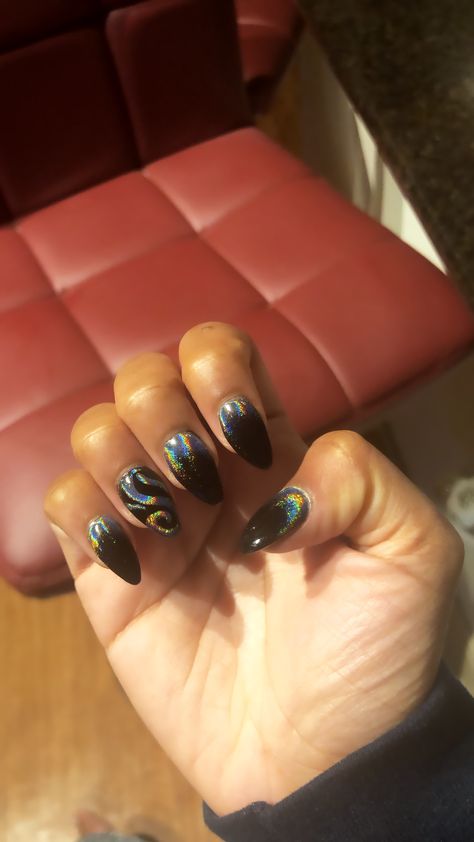 Iridescent Nails Black, Black Irridescent Nails Acrylic, Black And Holographic Nails, Black Holographic Nails Acrylic, Black Nails With Rainbow, Black Holographic Nails, Black Nails Holographic Tips, Holo Black Nails, Nails With Rainbow