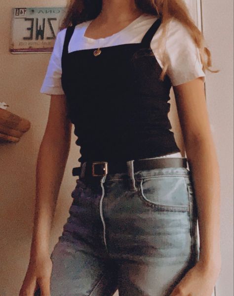 Black Top Over White Shirt, Black Top Layered Outfit, Tank Over Shirt Outfit, Black Tank Top Layered Outfit, Tank Top Over Shirt Outfits 90s, White Shirt Black Tank Top Outfit, Layer Tank Top Over Shirt Outfits, Layered Tank Top Outfits 90s, Outfits With Black Tank Tops