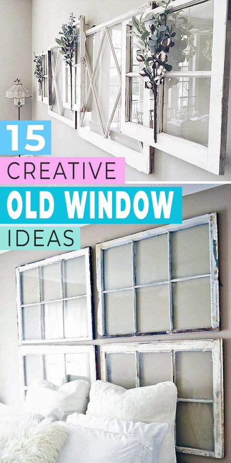 Here are some great DIY projects with old windows you can do yourself, or get inspiration for your own original project! diy home decor, repurposed windows Old Window As Picture Frame, Window Frame Headboard Ideas, Decorating A Window Frame, Craft Ideas For Old Windows, Old 6 Pane Window Ideas, Old Farmhouse Window Decor, Decor With Old Windows, Antique Window Ideas, Old Window Projects Farmhouse