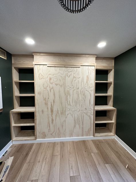 DIY Murphy Bed with Built-Ins - Newbuild Newlyweds Murphy Bed Family Room, Diy Murphy Bed On A Budget, Murphy Bed Kits Do It Yourself, Full Size Murphy Bed Plans, How To Build Murphy Bed, Murphy Bed With Storage Built Ins, Workout Room With Murphy Bed, Murphy Bed With Desk Diy Plans, Diy King Murphy Bed Plans