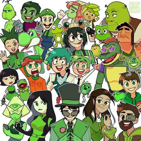 Characters By Colors, Give Me Six Characters To Draw, The Green Character, Green Cartoon Characters, Green Drawing Ideas, Halloween Profile Pictures, Cool Cartoon Characters, Character Art Cartoon, Color Characters