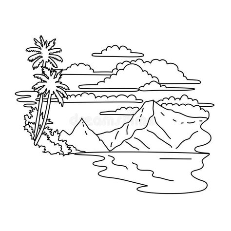 Beach And Mountains, American Drawing, Mountains Drawing, Line Art Drawing, American Samoa, Vintage Frame, Flash Art, Samoa, Line Art Drawings