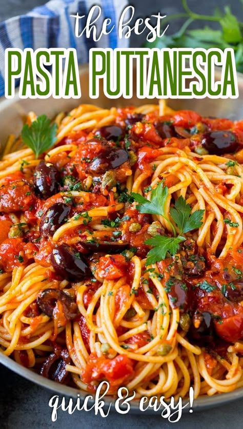 This pasta puttanesca is spaghetti tossed in a homemade tomato sauce that is flavored with olives, capers and herbs. Puttanesca Pasta, Pasta Puttanesca Recipe, Puttanesca Recipe, Puttanesca Sauce, Alla Puttanesca, Tuna Recipe, Traditional Pasta, Pasta Puttanesca, Spicy Pasta